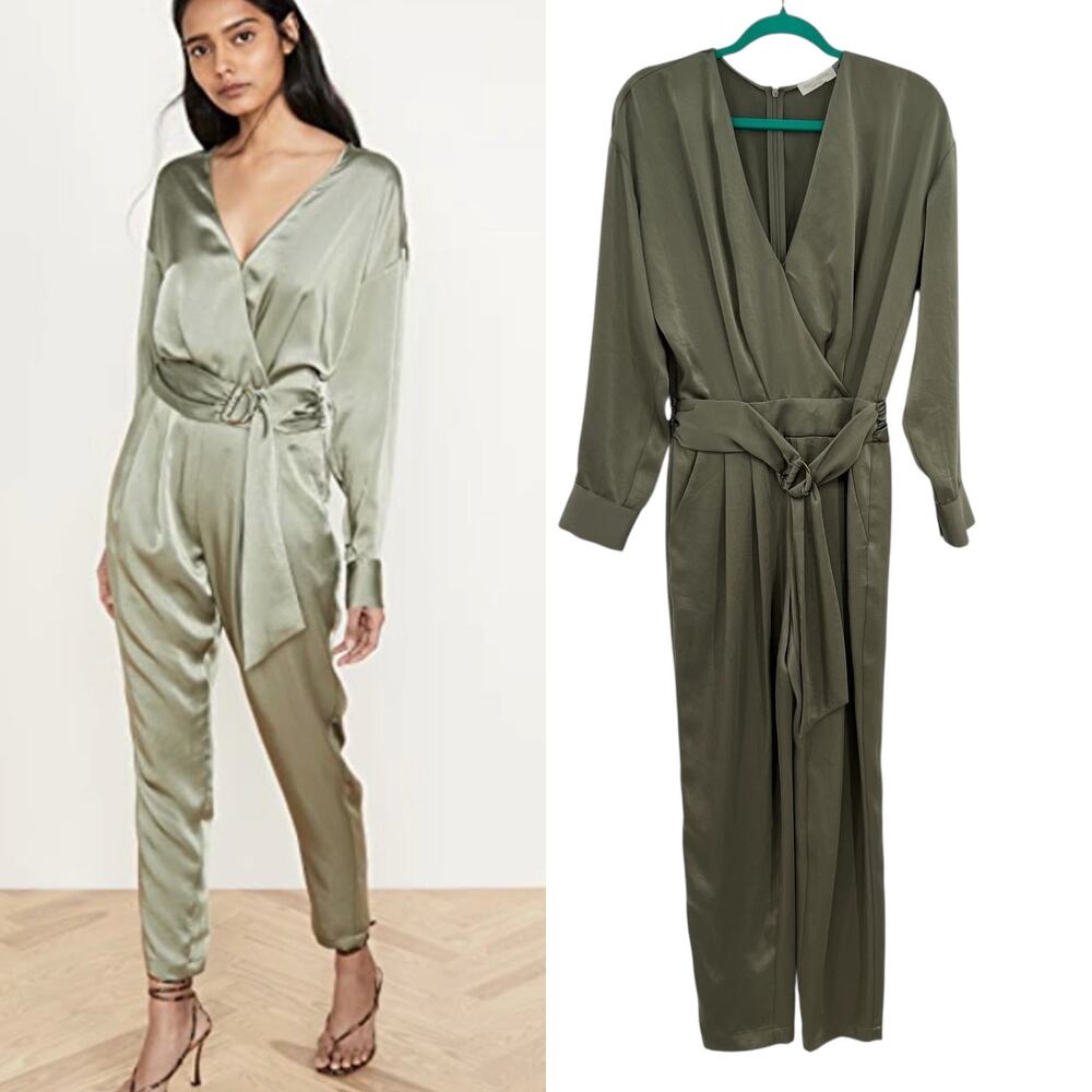 Ramy Brook Crosby Jumpsuit Long Sleeve‎ Belted Satin Sage Green Size 4